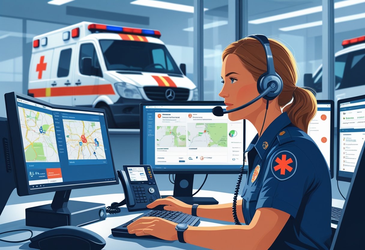 Operador de atendimento telefônico em central de emergência com ambulância pronta para sair ao fundo.