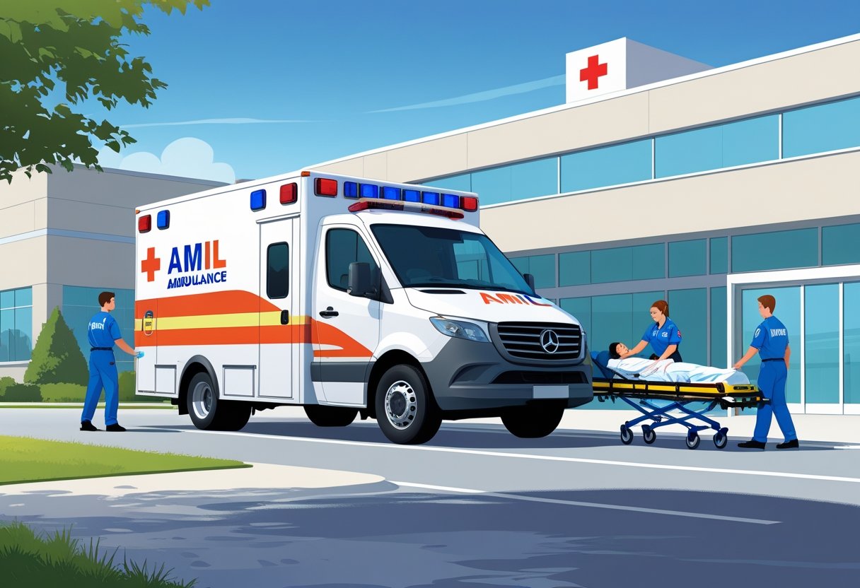Uma ambulância da Amil estacionada em frente a um hospital, com paramédicos auxiliando um paciente em uma maca.