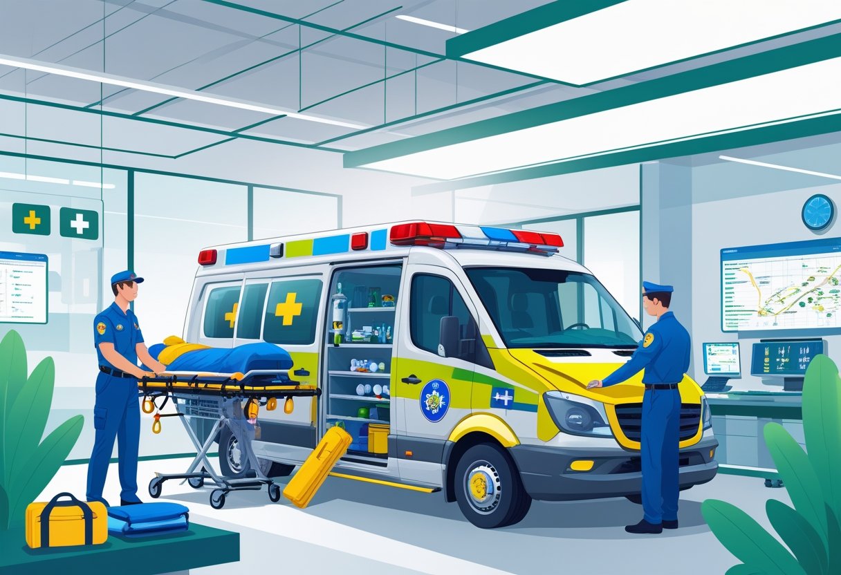 Ambulância moderna da Amil com paramédicos atendendo um paciente em uma maca, ao lado de um centro de atendimento de emergência organizado.
