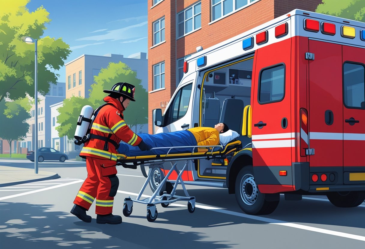 Um bombeiro em uniforme ajuda uma pessoa em uma maca a entrar em uma ambulância vermelha estacionada na rua, com prédios ao fundo.