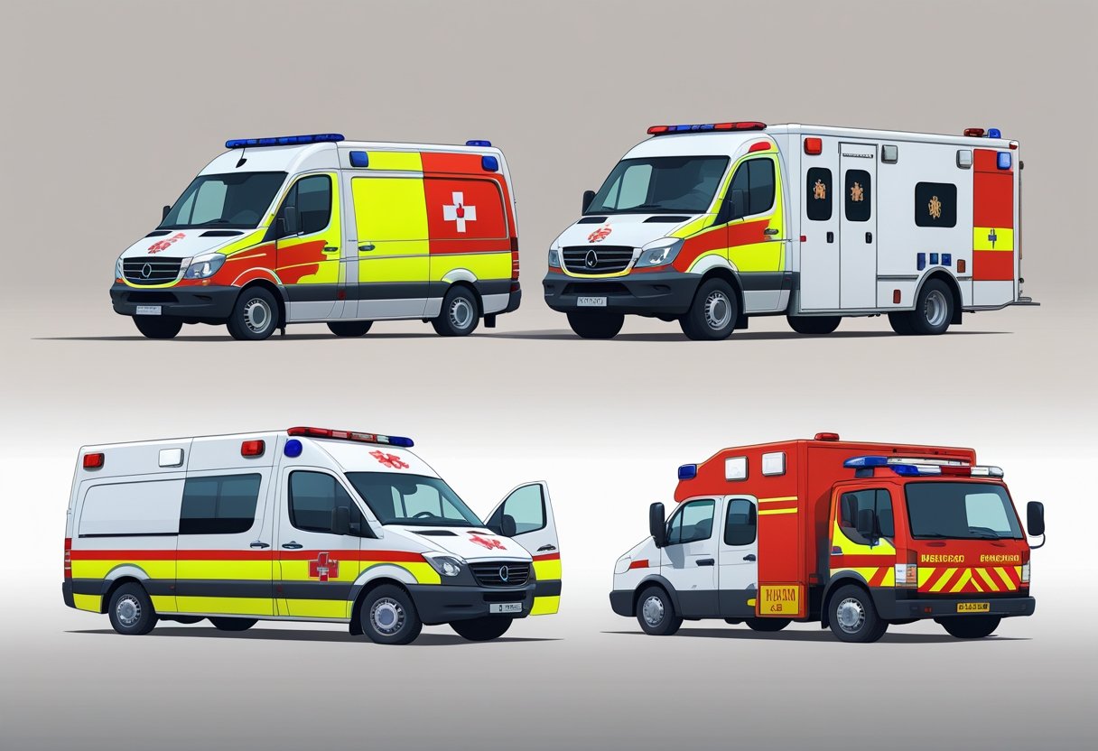 Três tipos diferentes de ambulâncias operadas pelos bombeiros, alinhadas lado a lado, mostrando veículos de resposta rápida, resgate tradicional e alta capacidade.