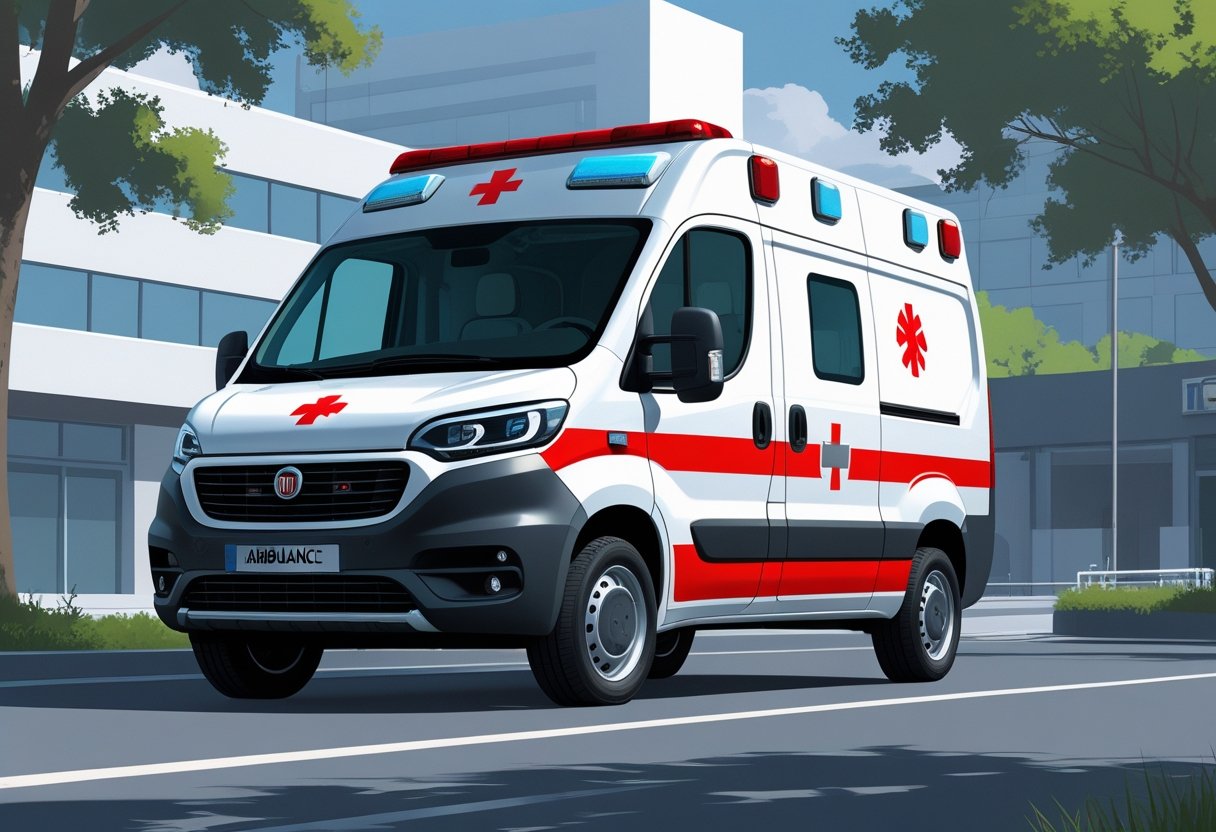 Uma ambulância Doblo estacionada em uma rua da cidade, com símbolos médicos visíveis e equipamentos de emergência dentro do veículo.