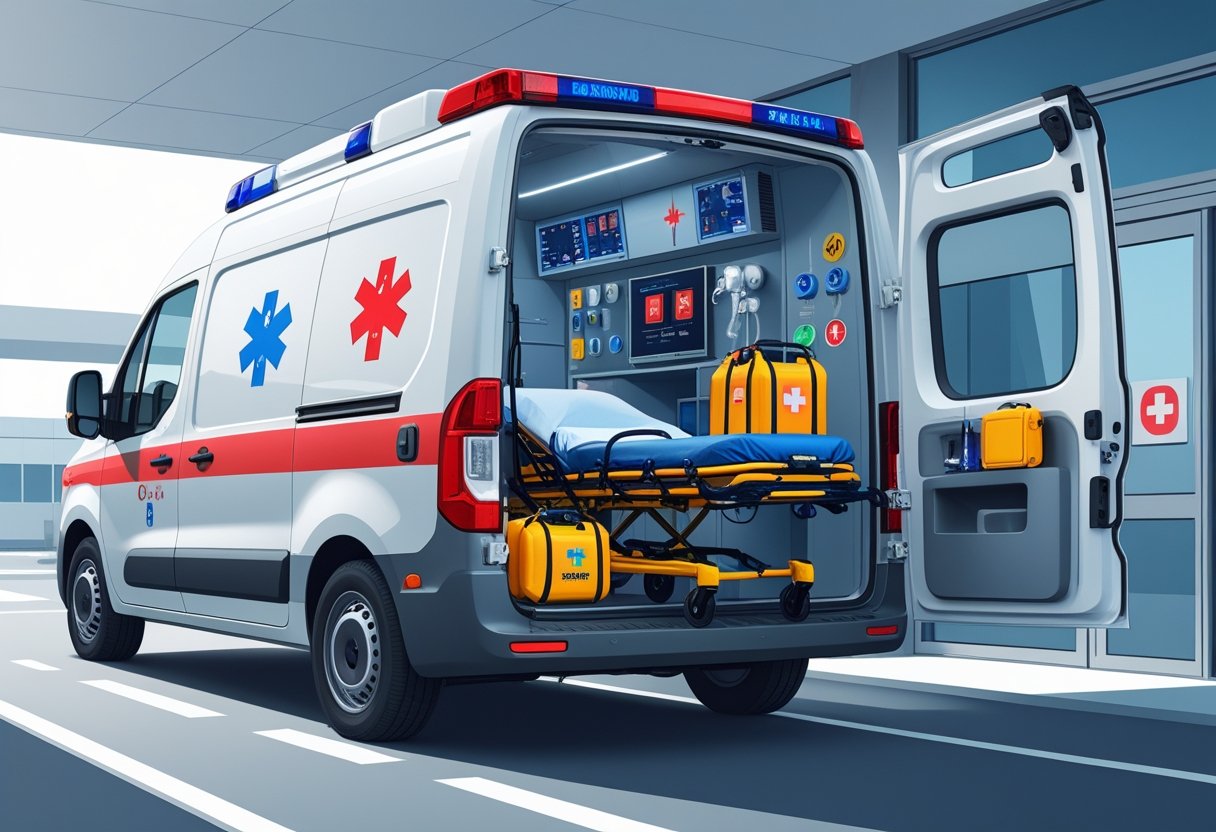 Ambulância Doblo com as portas traseiras abertas mostrando equipamentos médicos essenciais em um ambiente hospitalar.