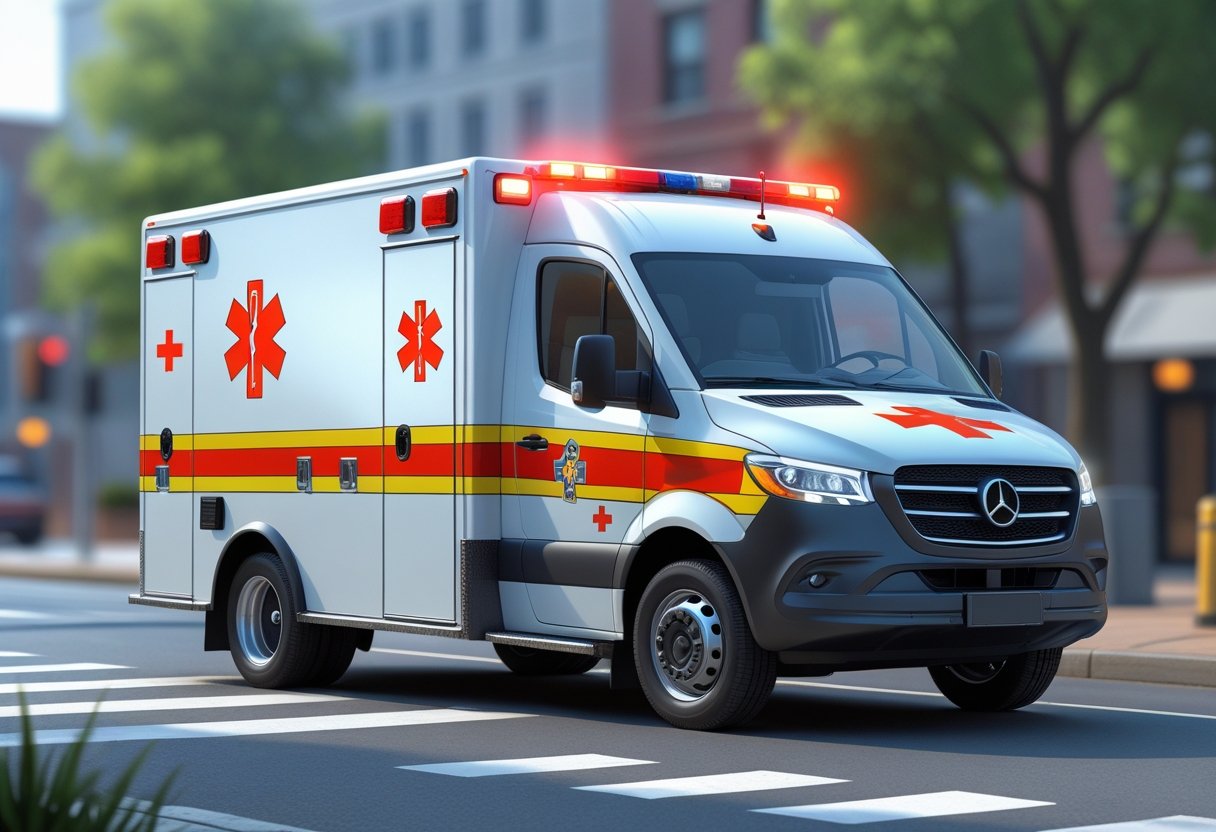 Uma ambulância moderna estacionada em uma rua da cidade com luzes de emergência no teto, cercada por prédios e árvores.