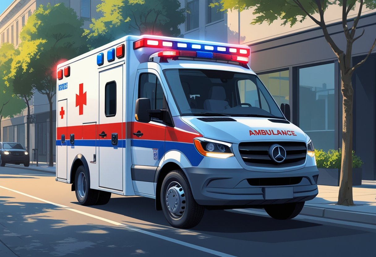 Uma ambulância branca com marcas vermelhas e azuis estacionada em uma rua da cidade durante o dia, com árvores e prédios ao fundo.