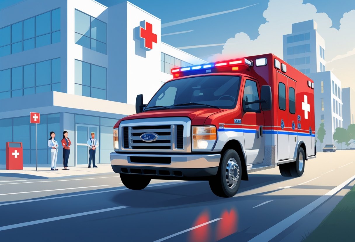 Ambulância com luzes de emergência acesas em uma rua da cidade, com hospital e central de atendimento ao fundo.