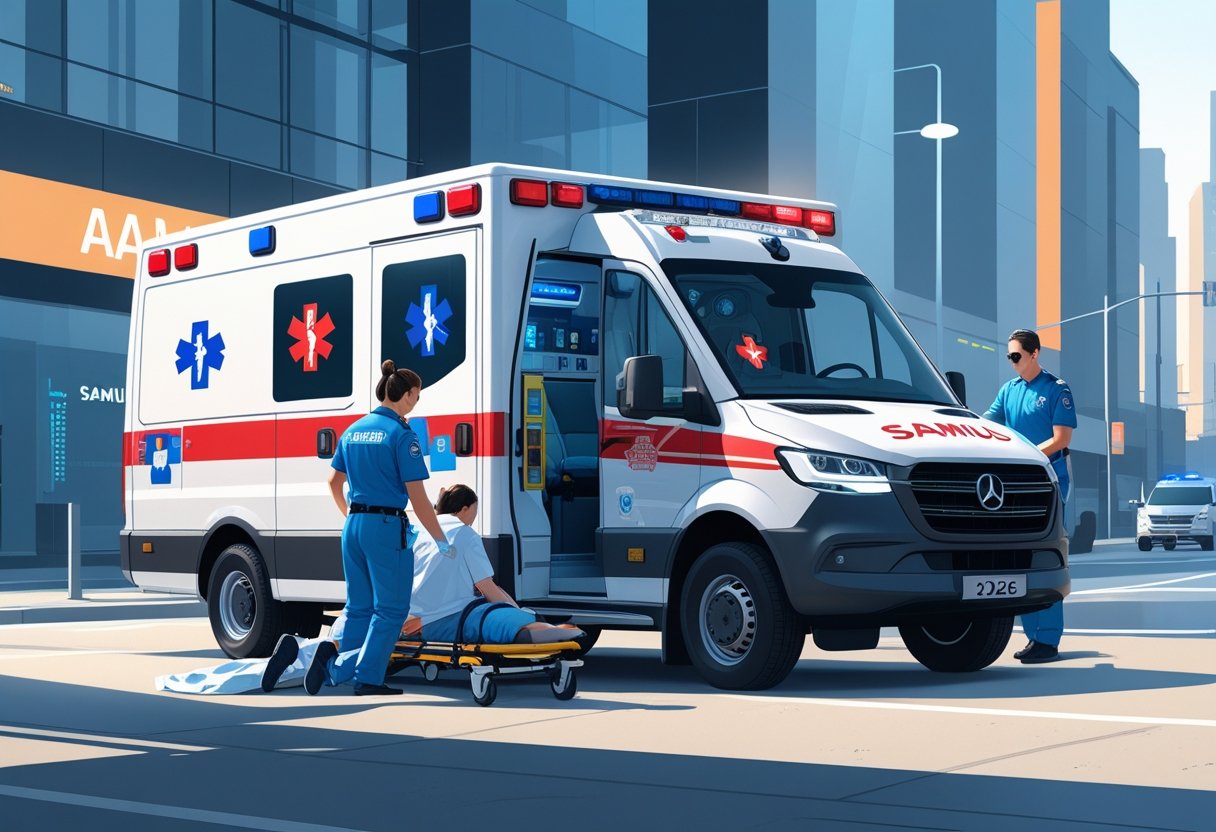 Uma ambulância do SAMU em uma cena urbana com paramédicos atendendo um paciente em uma maca ao lado do veículo.