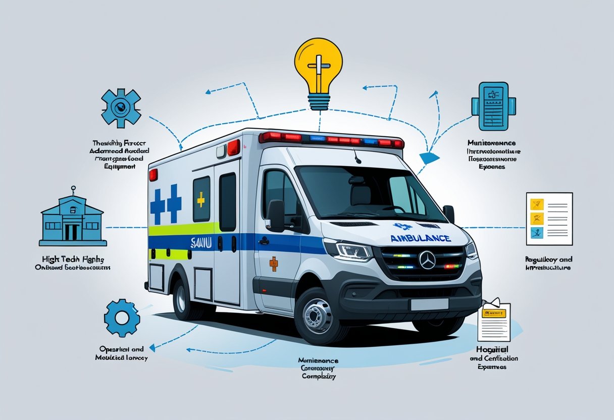 Uma ambulância do SAMU cercada por ícones que representam equipamentos médicos, manutenção, combustível, infraestrutura hospitalar e regulamentação, mostrando os fatores que influenciam seu preço.
