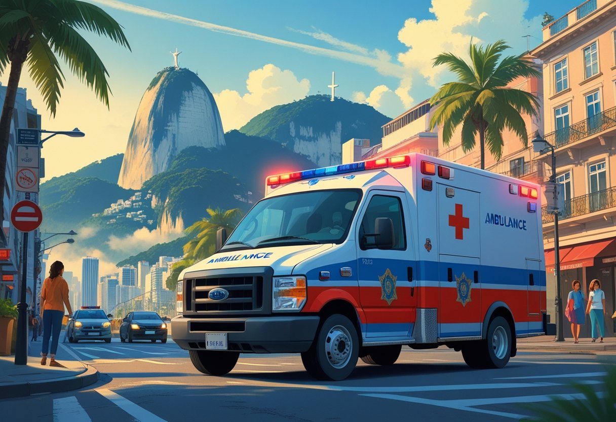 Ambulância branca com luzes ligadas circulando em uma rua movimentada do Rio de Janeiro, com o Pão de Açúcar e o Cristo Redentor ao fundo.