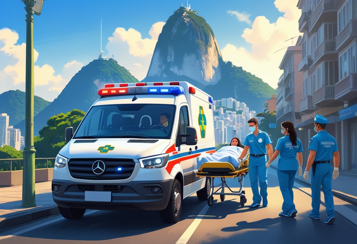Uma ambulância estacionada em uma rua do Rio de Janeiro com a equipe médica auxiliando um paciente em uma maca para dentro do veículo, com o Pão de Açúcar e o Cristo Redentor ao fundo.