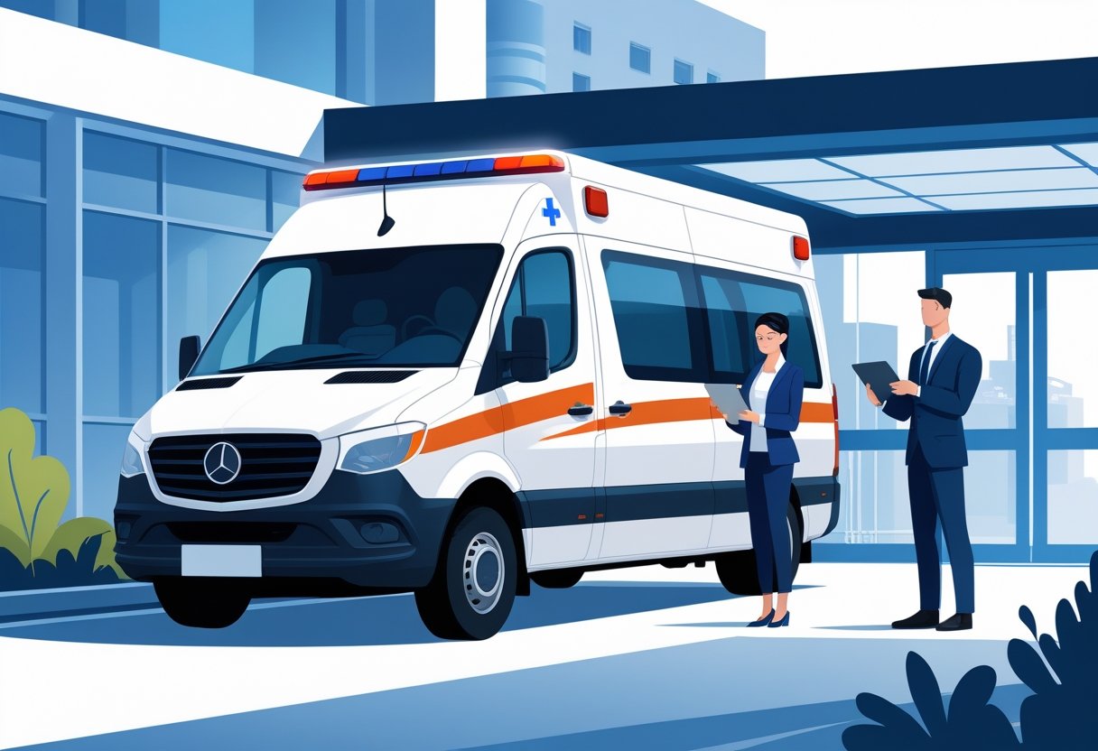 Ambulância estacionada em frente a um hospital, sem motorista, com uma pessoa analisando um tablet próximo.