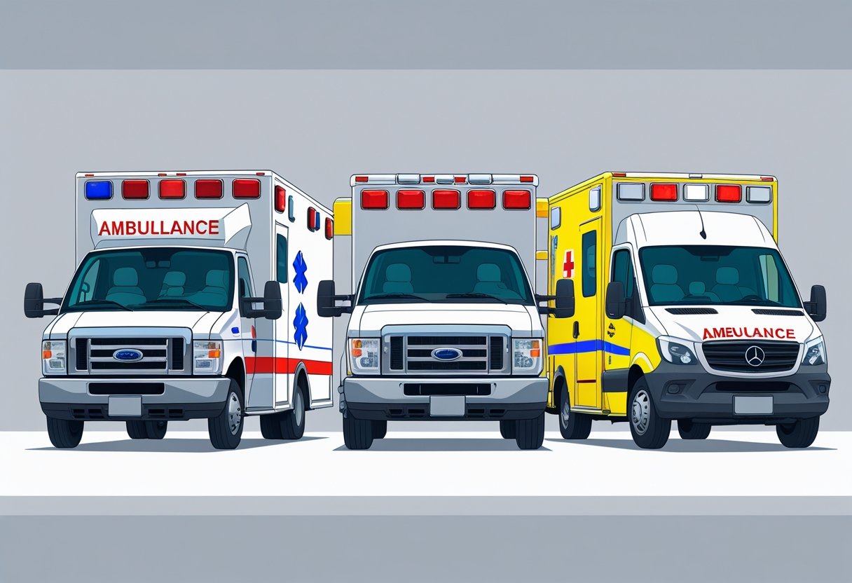 Três tipos diferentes de ambulâncias alinhadas, mostrando ambulância de suporte básico, suporte avançado e transporte de pacientes.