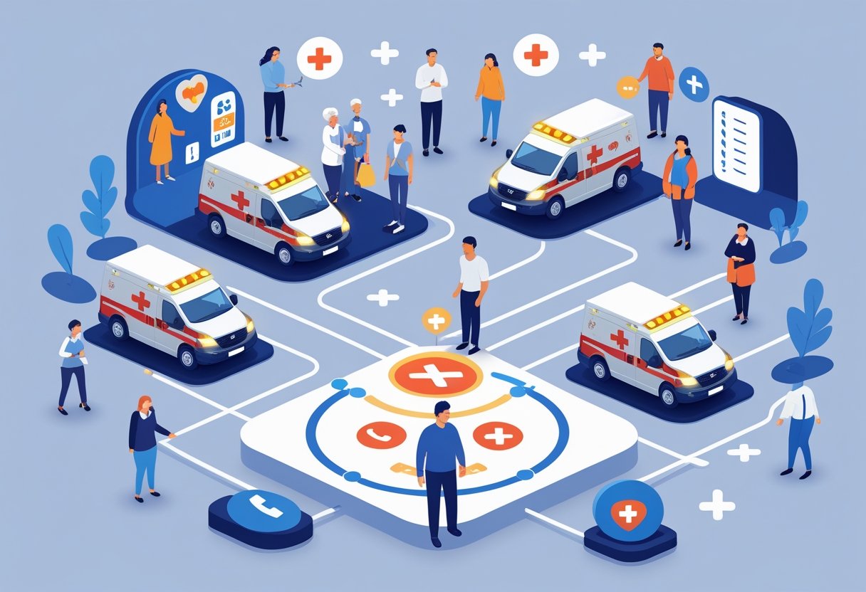 Pessoas em diferentes situações cotidianas conectadas a um centro de emergência com ambulâncias prontas para atendimento.