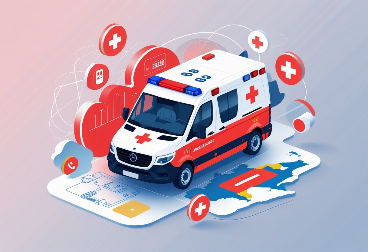 Ilustração de uma ambulância brasileira moderna cercada por ícones relacionados a serviços de emergência e um mapa do Brasil ao fundo.