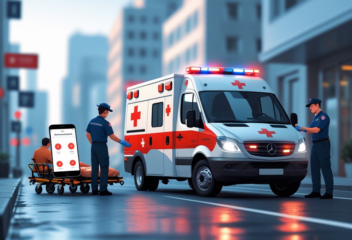 Uma ambulância com luzes de emergência acesas estacionada em uma rua da cidade, com paramédicos atendendo um paciente em uma maca, e um smartphone mostrando uma tela de chamada de emergência ao fundo.