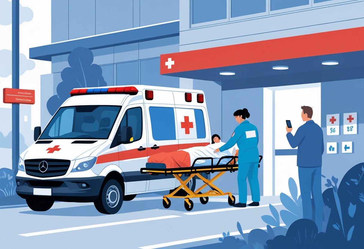 Ambulância estacionada próxima a um hospital, paramédico ajudando paciente em maca, pessoa usando celular para buscar número da ambulância.