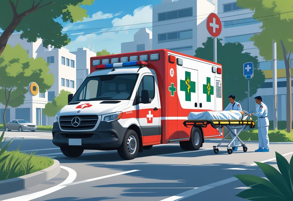 Número Da Ambulância No Brasil: Como Acionar e Quando Ligar Ambulância brasileira estacionada em uma rua da cidade com um paramédico atendendo um paciente em uma maca.