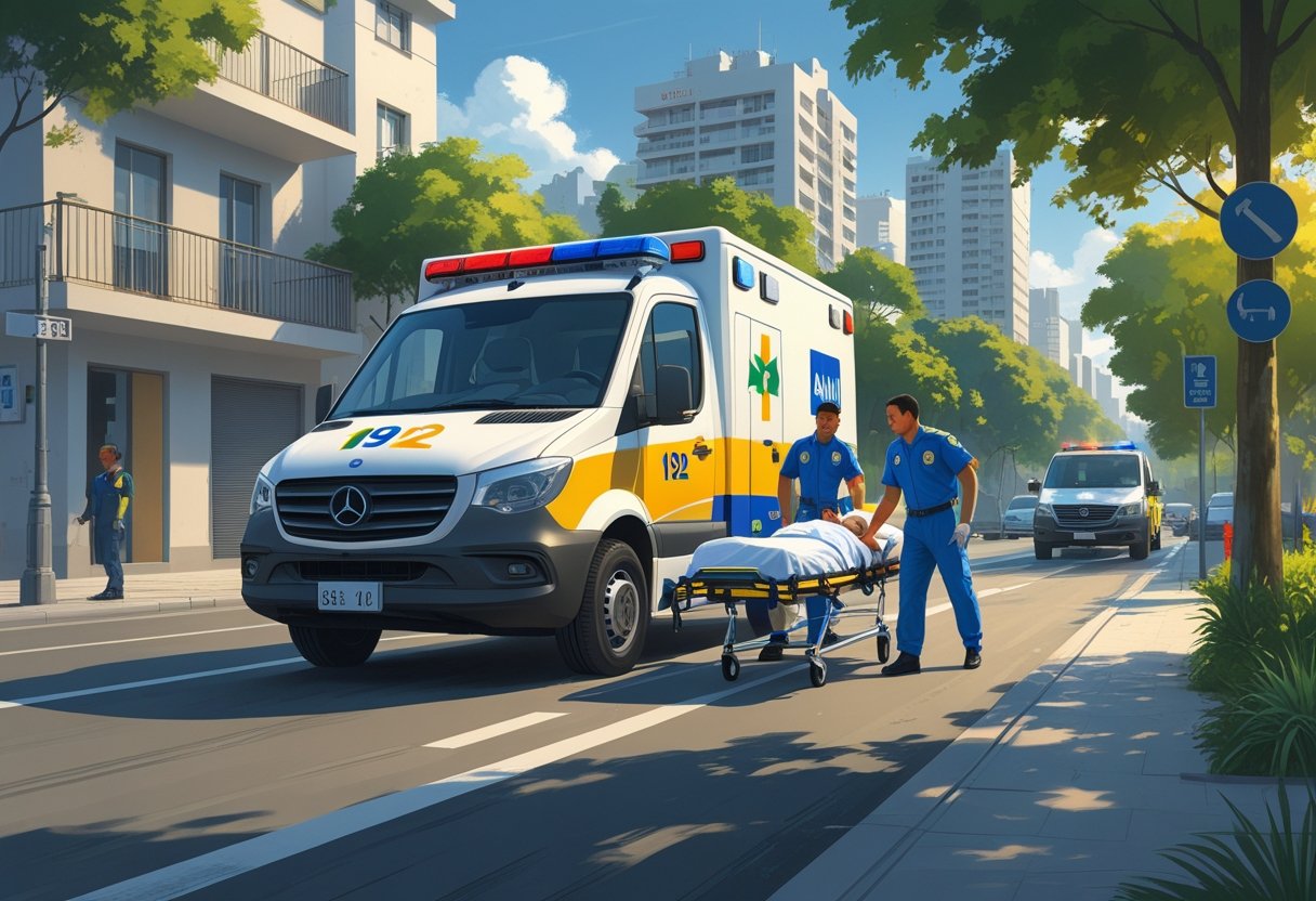 Número Da Ambulância No Brasil: Como Acionar e Quando Ligar Ambulância do SAMU 192 em uma rua movimentada do Brasil, com paramédicos atendendo um paciente em uma maca ao lado do veículo.