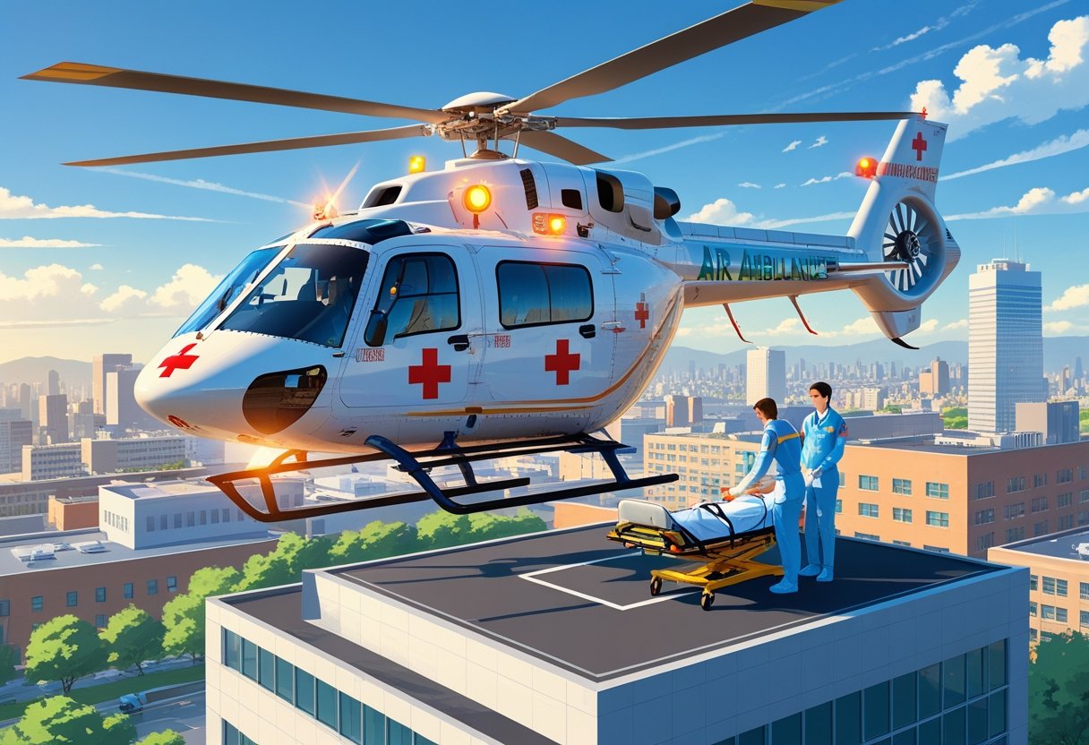 Um helicóptero de ambulância aérea pousando em um heliponto de hospital com profissionais de saúde preparando uma maca para receber um paciente.