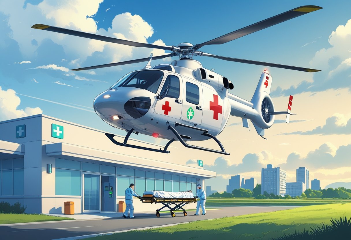 Um helicóptero de ambulância aérea voando sobre um hospital com paramédicos preparando uma maca na entrada de emergência.