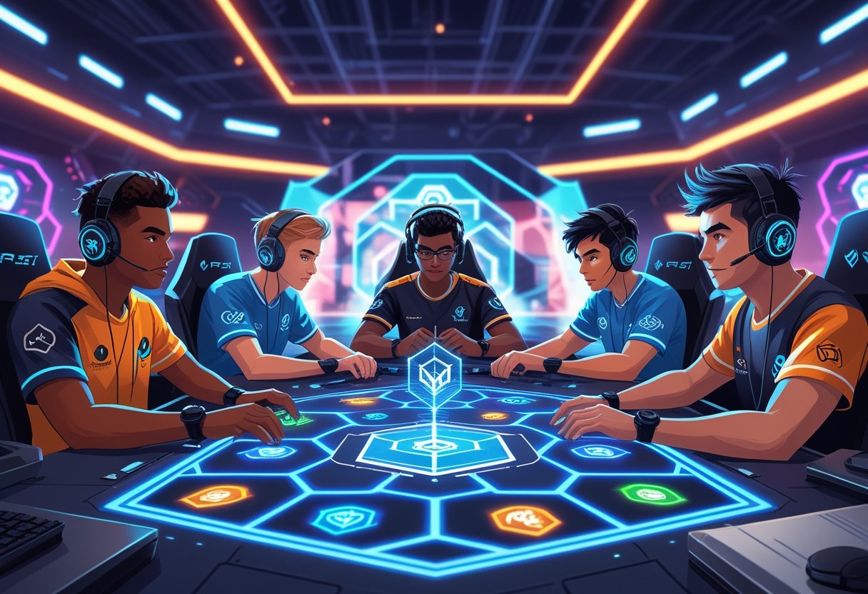 A group of gamers collaborating around a holographic game board in a futuristic gaming arena.