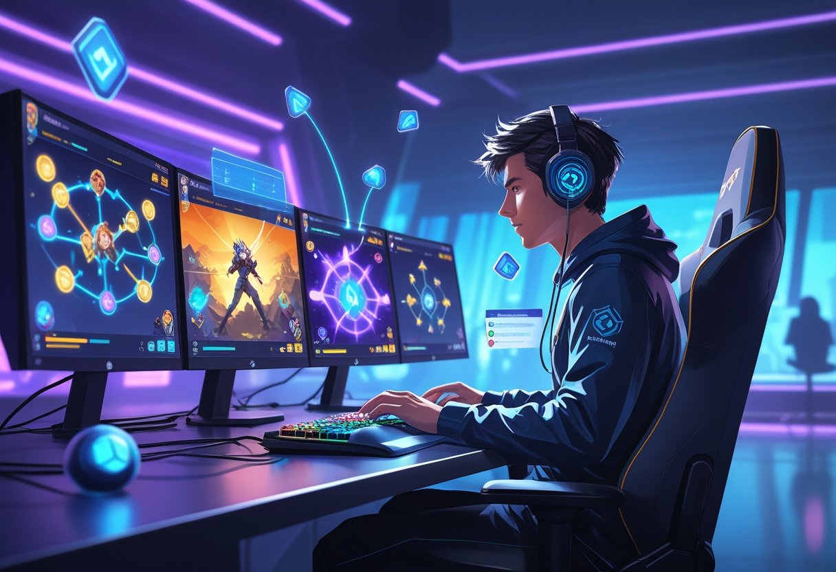 A focused gamer at a modern gaming setup with multiple screens showing strategic game boards and glowing icons representing gameplay boosting.