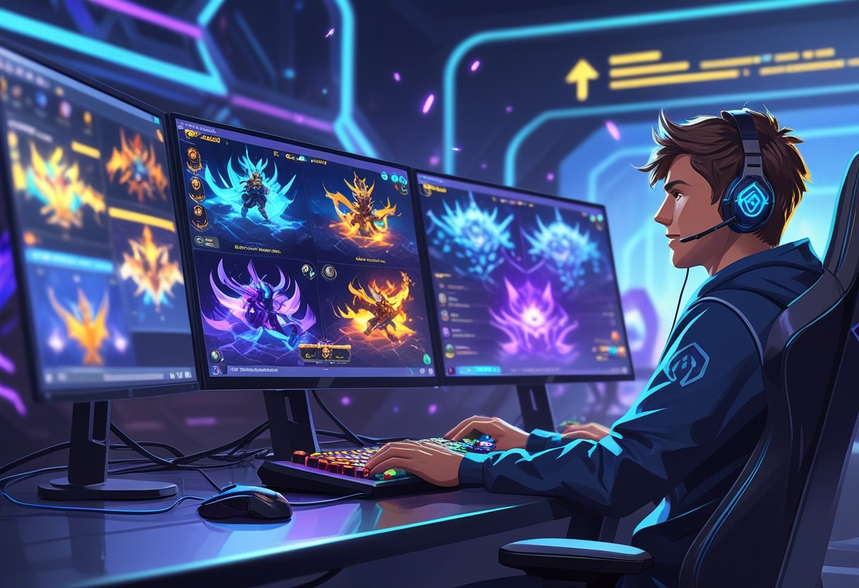 A gamer at a computer playing a strategic fantasy game with multiple champions on the screen, surrounded by a futuristic gaming environment.