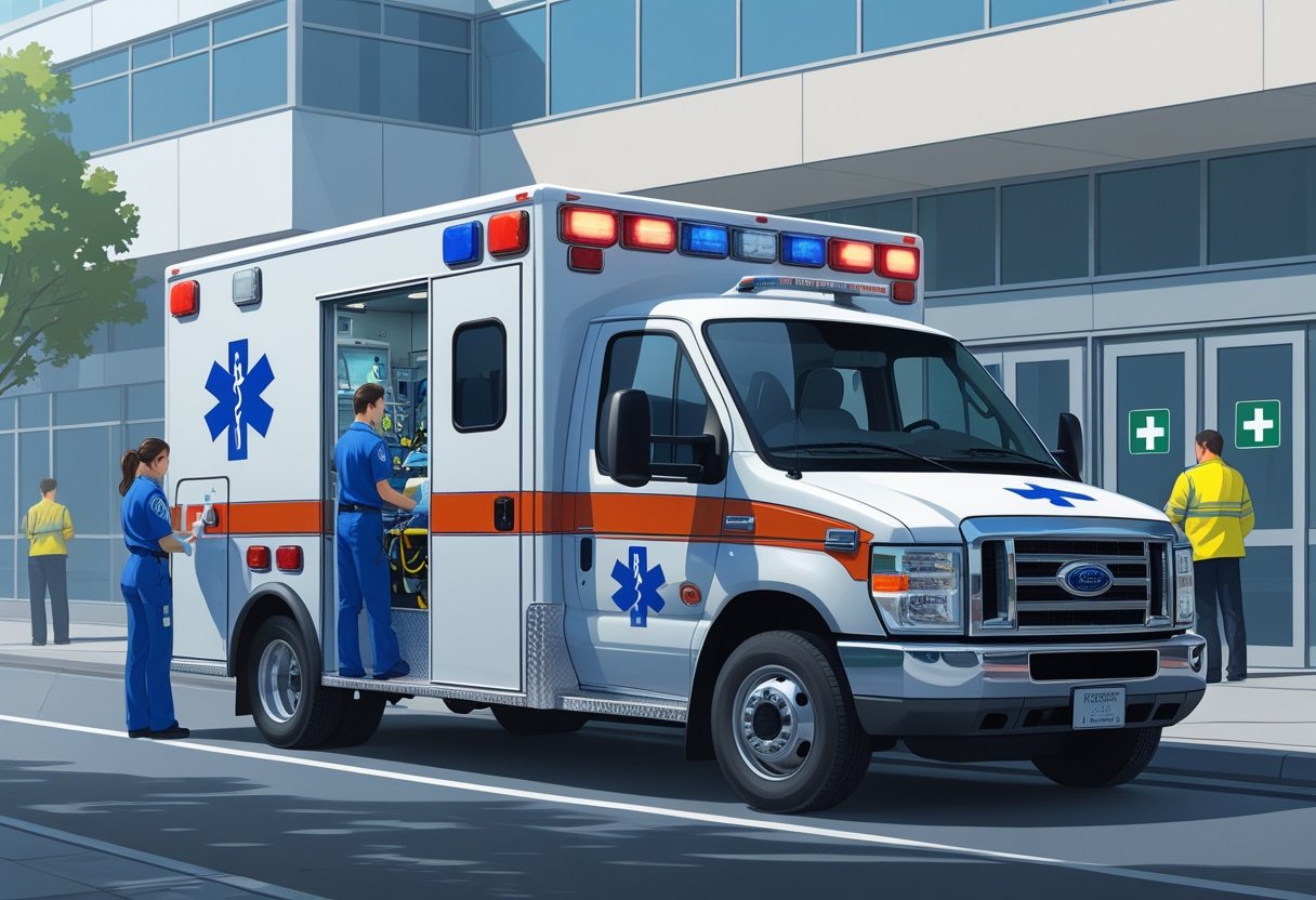 Ambulância categoria B estacionada em frente a um hospital, com paramédicos atendendo equipamentos médicos.