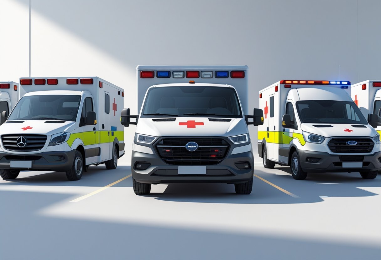Três ambulâncias diferentes alinhadas lado a lado, com destaque para uma ambulância categoria B no centro.