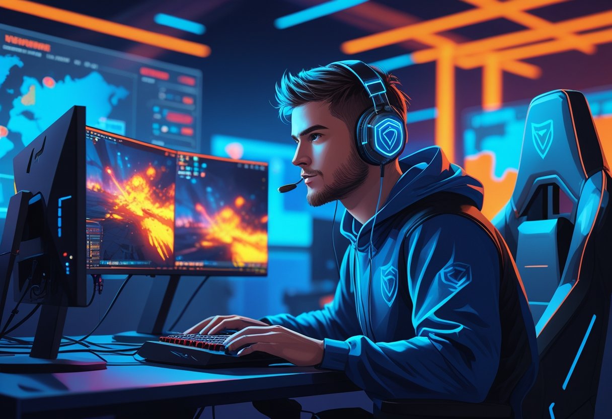 A focused gamer at a high-tech gaming setup with multiple monitors showing action-packed gameplay in a futuristic esports environment.