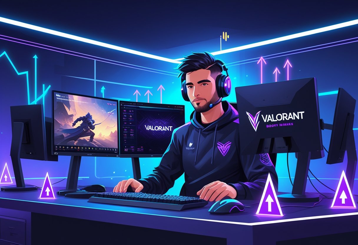 An esports player at a gaming setup with multiple monitors showing Valorant gameplay, surrounded by visual elements representing skill improvement and progress.