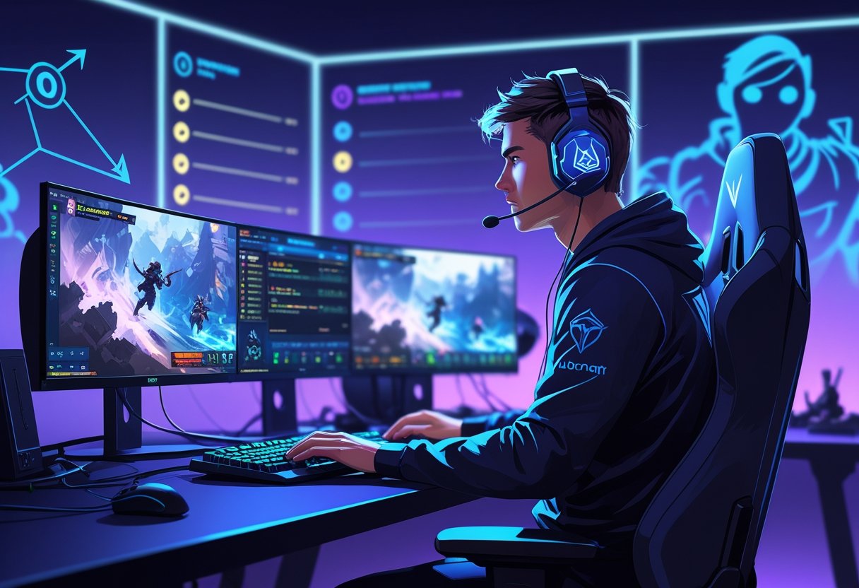 A gamer focused on playing Valorant at a high-end gaming setup with multiple monitors showing gameplay and progress indicators in a modern gaming environment.