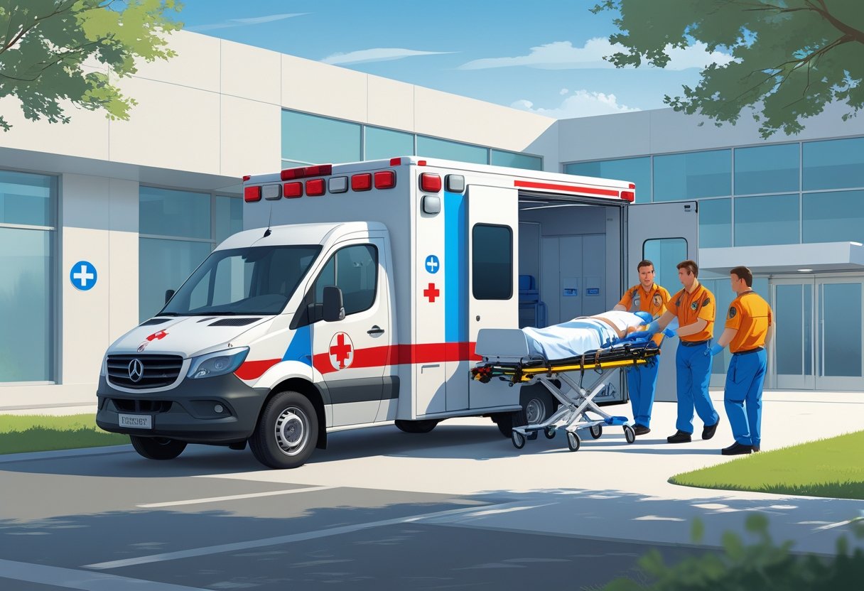 Ambulância tipo A simples remoção tipo furgão estacionada em frente a um hospital, com paramédicos ajudando um paciente em uma maca pela porta lateral aberta.