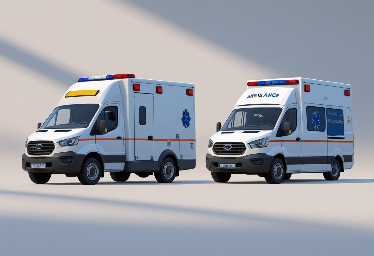 Ilustração mostrando uma ambulância Tipo A Furgão ao lado de outros tipos de ambulância, destacando suas diferenças visuais e funcionais.