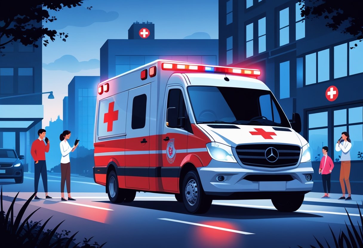 Número Ambulância Emergência: Como Acionar o Serviço Médico Urgente no Brasil Uma ambulância com luzes piscando estacionada em uma rua da cidade ao entardecer, com um hospital ao fundo e pessoas usando telefone para pedir ajuda.