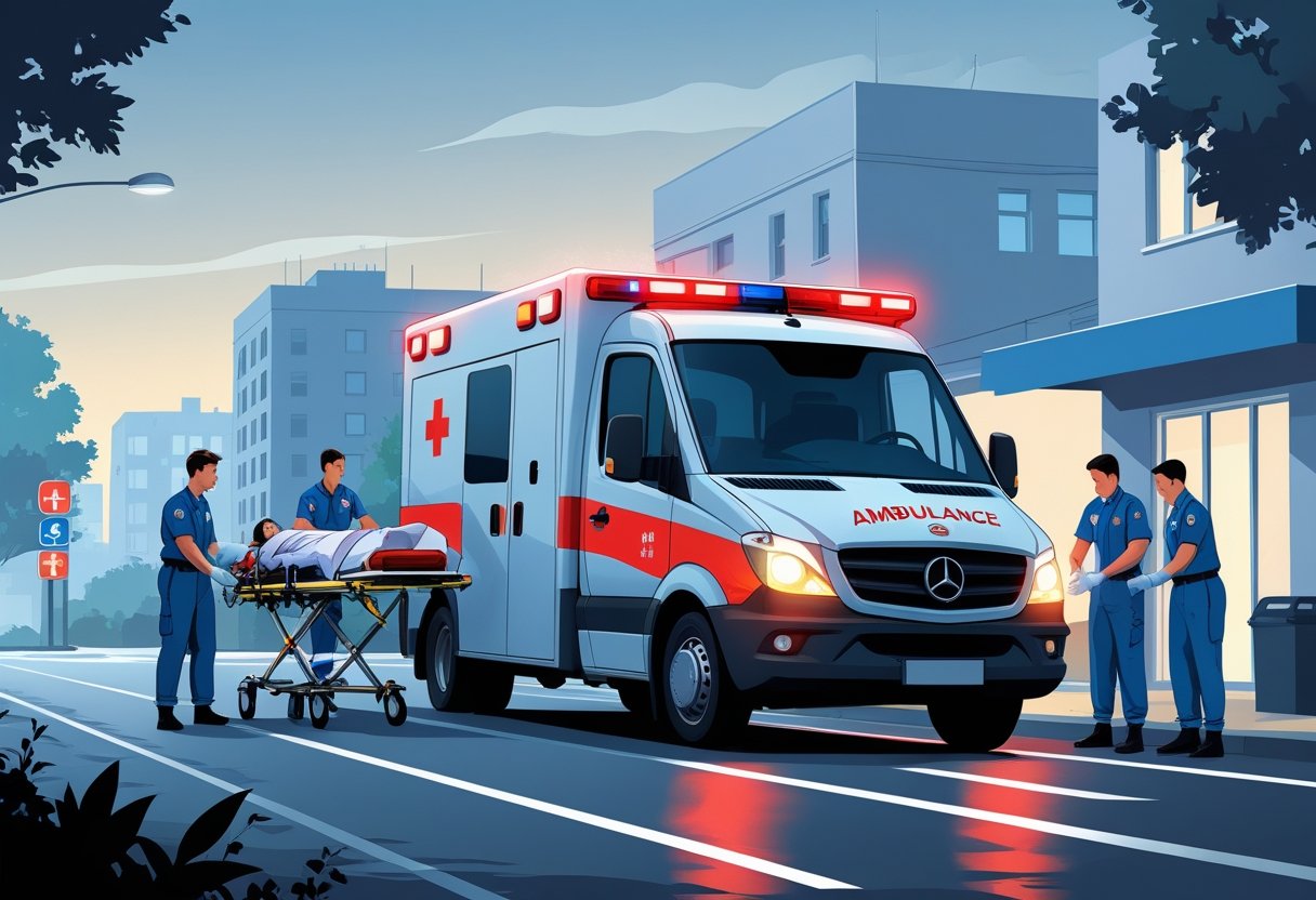 Número Ambulância Emergência: Como Acionar o Serviço Médico Urgente no Brasil Ambulância de emergência com socorristas atendendo uma pessoa em uma rua urbana, com hospital ao fundo.