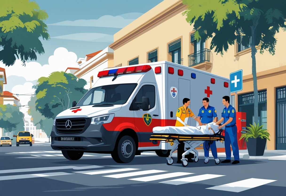 Uma ambulância de emergência brasileira com paramédicos atendendo um paciente em uma rua da cidade.