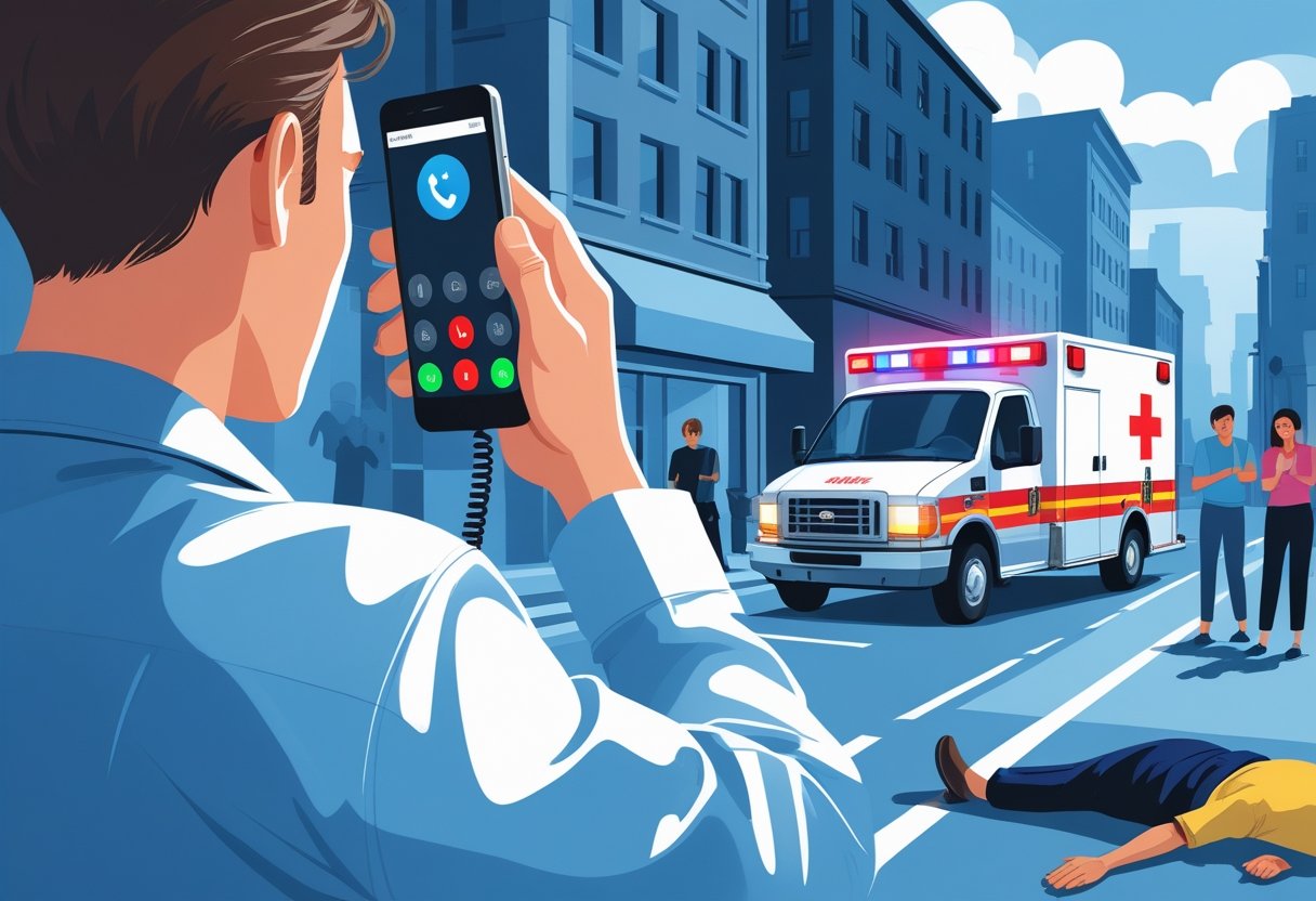 Pessoa fazendo uma ligação de emergência para a ambulância enquanto uma ambulância com luzes piscando se aproxima em uma rua da cidade, com pessoas ao redor demonstrando preocupação.