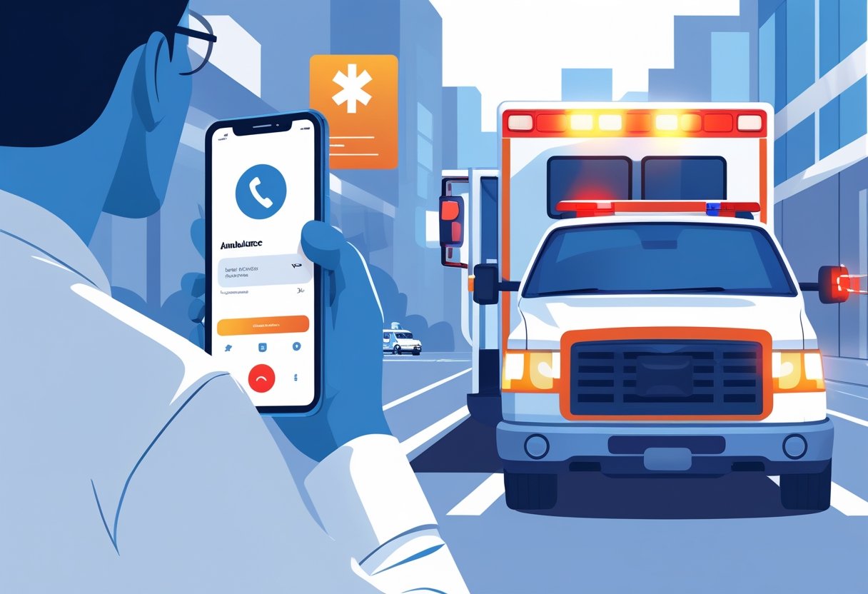 Pessoa fazendo uma ligação de emergência para o resgate ambulância, com uma ambulância ao fundo pronta para sair.