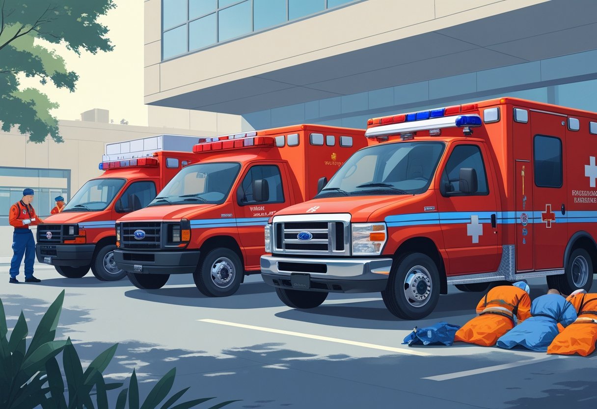 Vários tipos de ambulância para resgate alinhadas, com paramédicos atendendo pacientes em frente a um hospital.