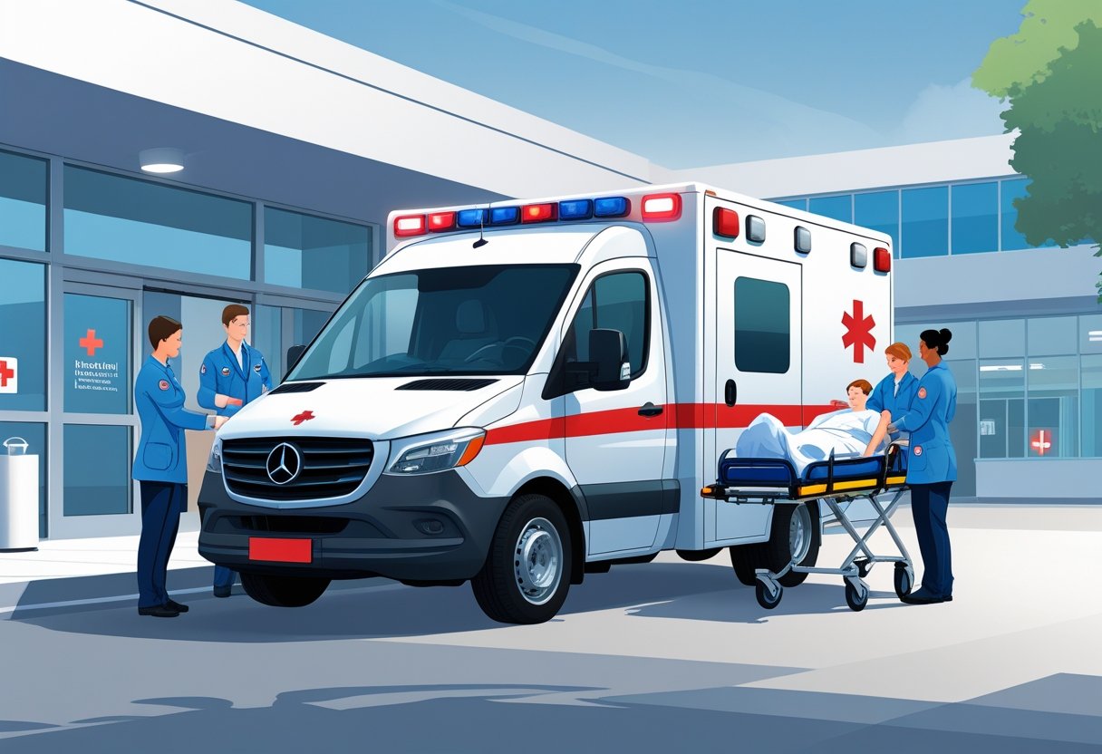 Uma ambulância particular estacionada em frente a um hospital, com paramédicos ajudando um paciente em uma maca.