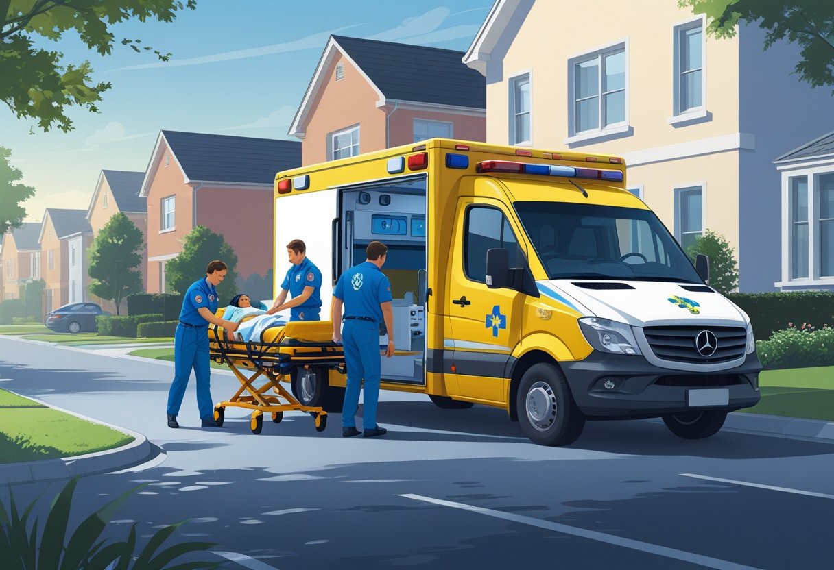 Uma ambulância particular estacionada em frente a um prédio residencial, com paramédicos ajudando um paciente em uma maca.