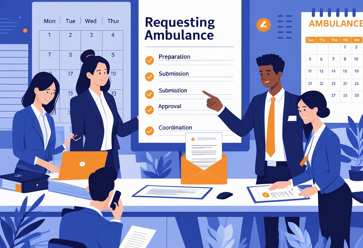 Ofício Solicitando Ambulância Para Evento: Modelo e Orientações Para Requisição Formal Pessoas em um escritório colaborando para solicitar uma ambulância para um evento, com documentos, laptop e um calendário ao fundo.