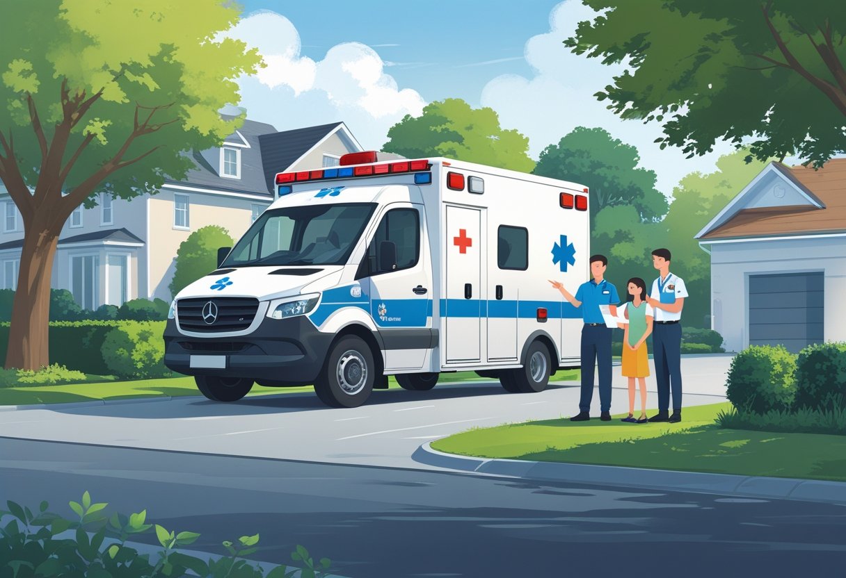 Ambulância particular estacionada em frente a uma casa, com um profissional de saúde conversando com uma família sobre o serviço.
