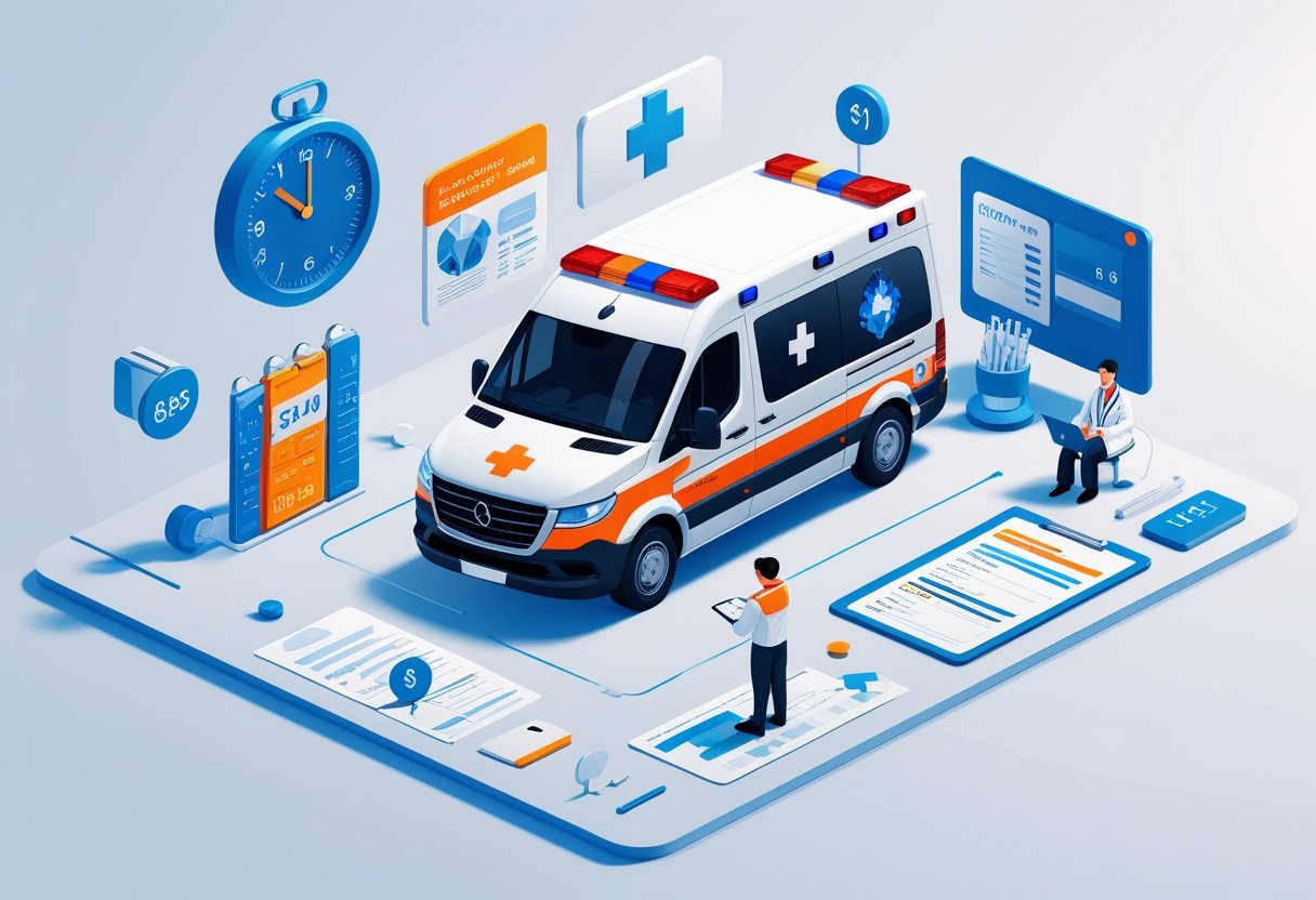 Uma ambulância moderna cercada por símbolos que representam fatores que influenciam o valor do serviço, como tempo de resposta, equipamentos médicos, área de atendimento, faturamento e consulta médica.