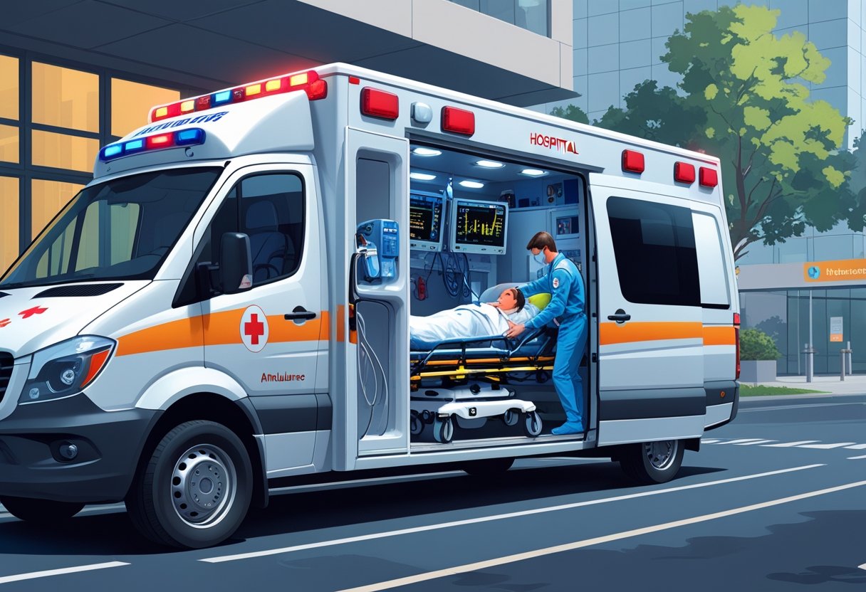 Uma ambulância UTI móvel completa com a porta aberta mostrando equipamentos médicos avançados e um paramédico atendendo um paciente em uma maca, em frente à entrada de um hospital.