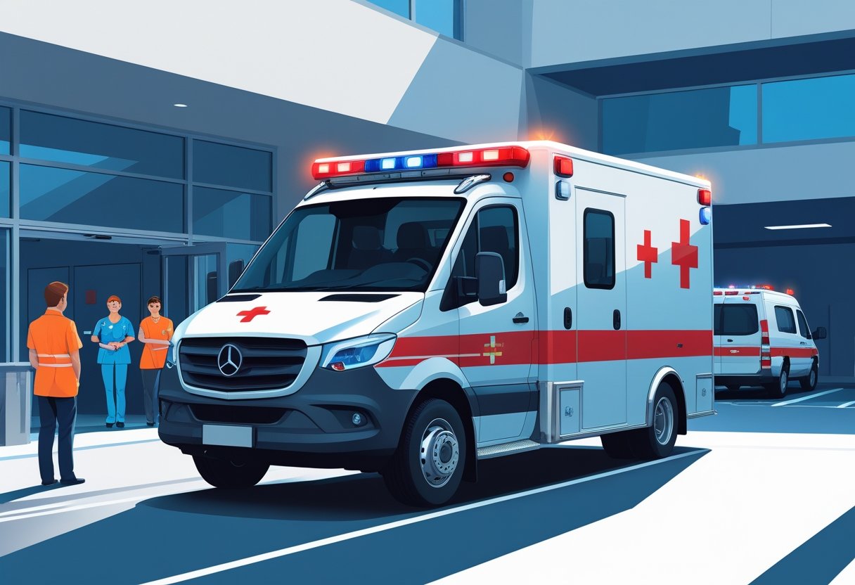 Uma ambulância UTI móvel estacionada em frente a um hospital, com profissionais de saúde ao redor, transmitindo um ambiente de atendimento médico de emergência.
