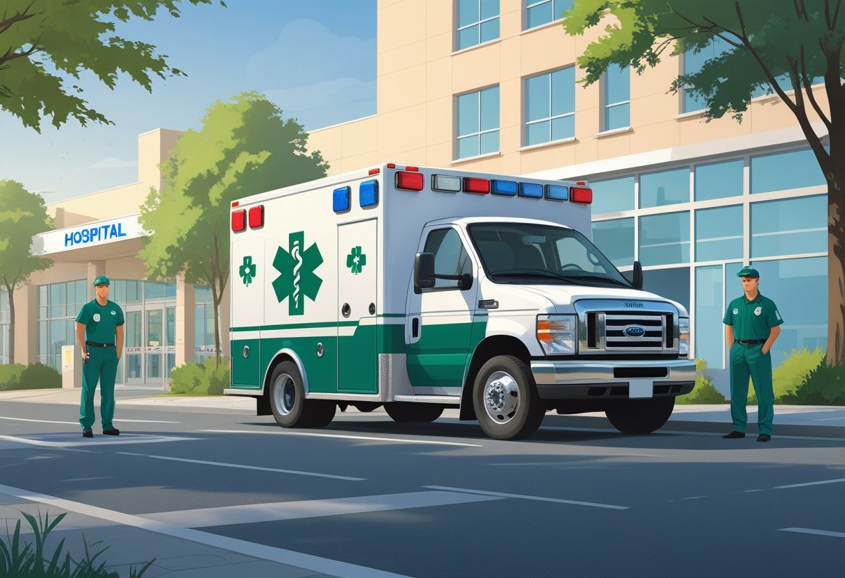 Ambulância suporte simples estacionada em frente a um hospital, com paramédicos ao lado prontos para atendimento.