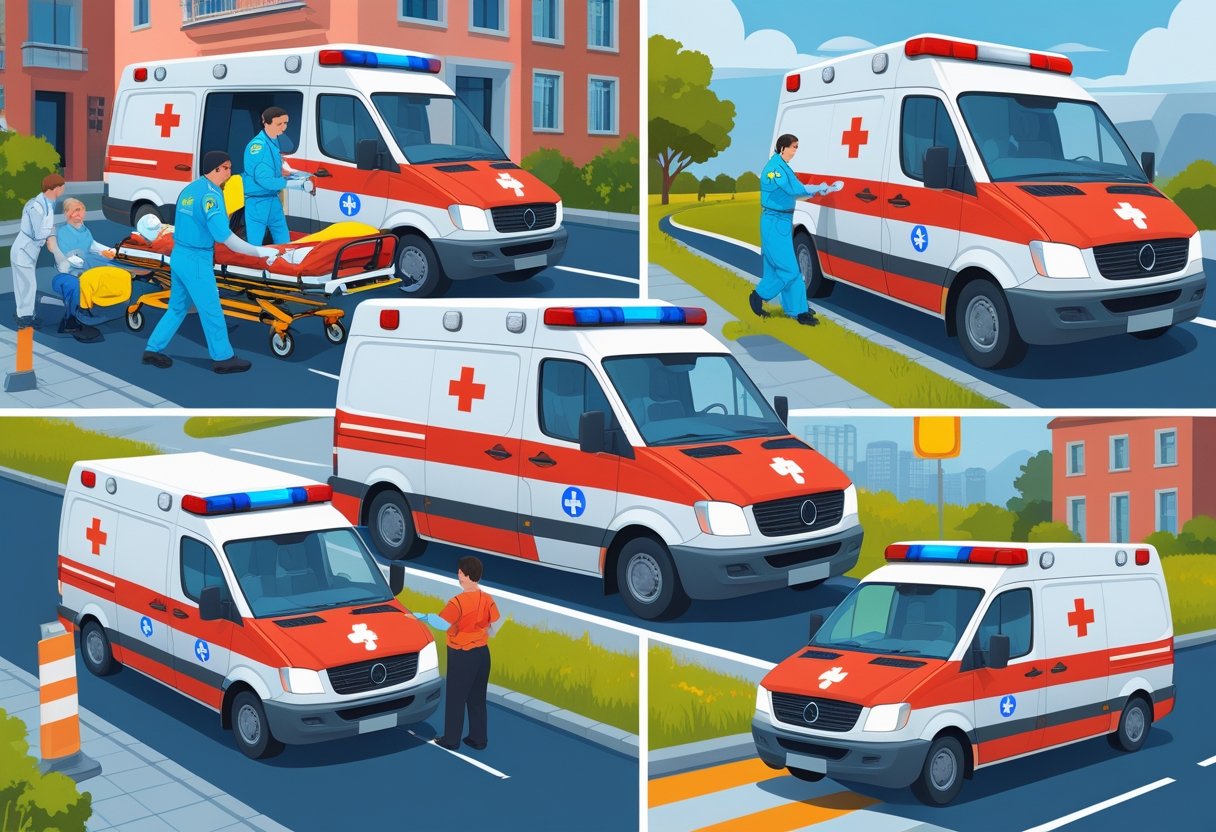 Cena mostrando uma ambulância de suporte simples em diferentes situações de uso, com paramédicos atendendo pessoas em áreas urbanas e rurais.