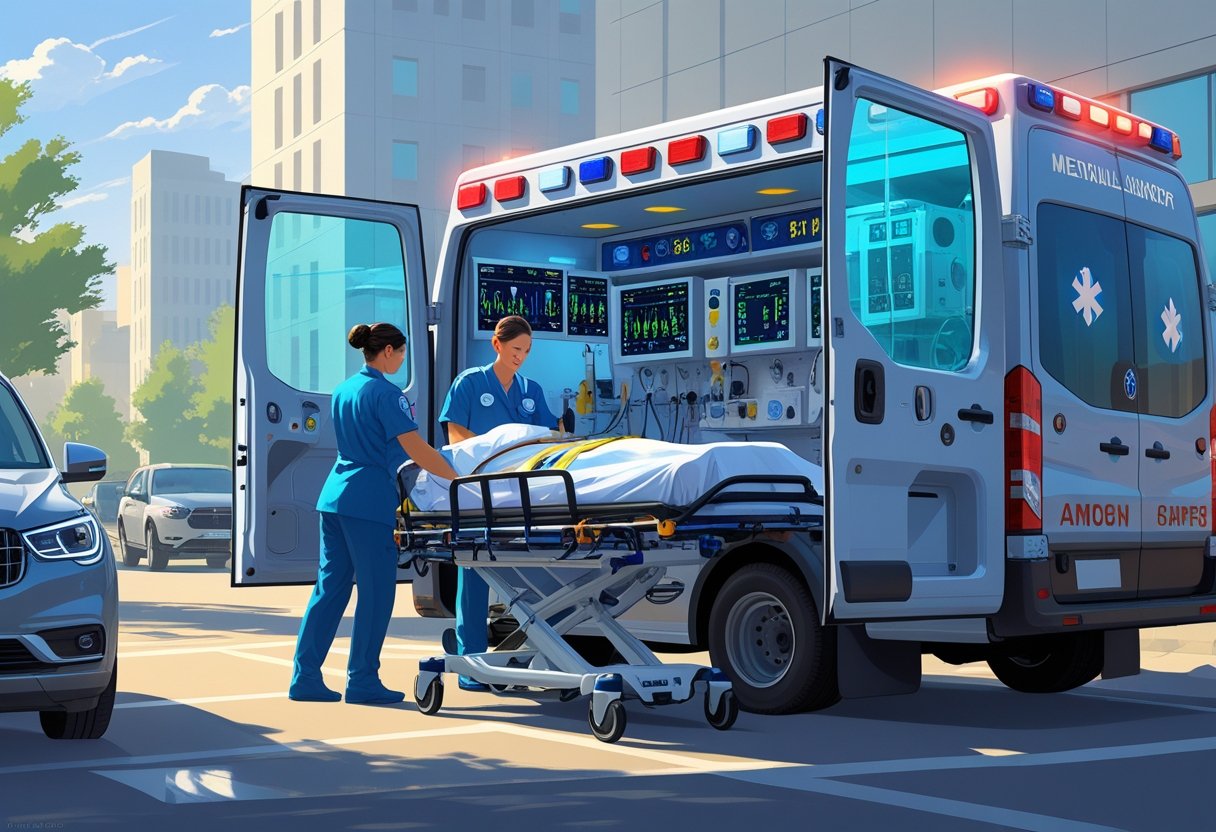 Ambulância de suporte UTI com portas traseiras abertas, mostrando equipamentos médicos e profissionais cuidando de um paciente em uma maca.